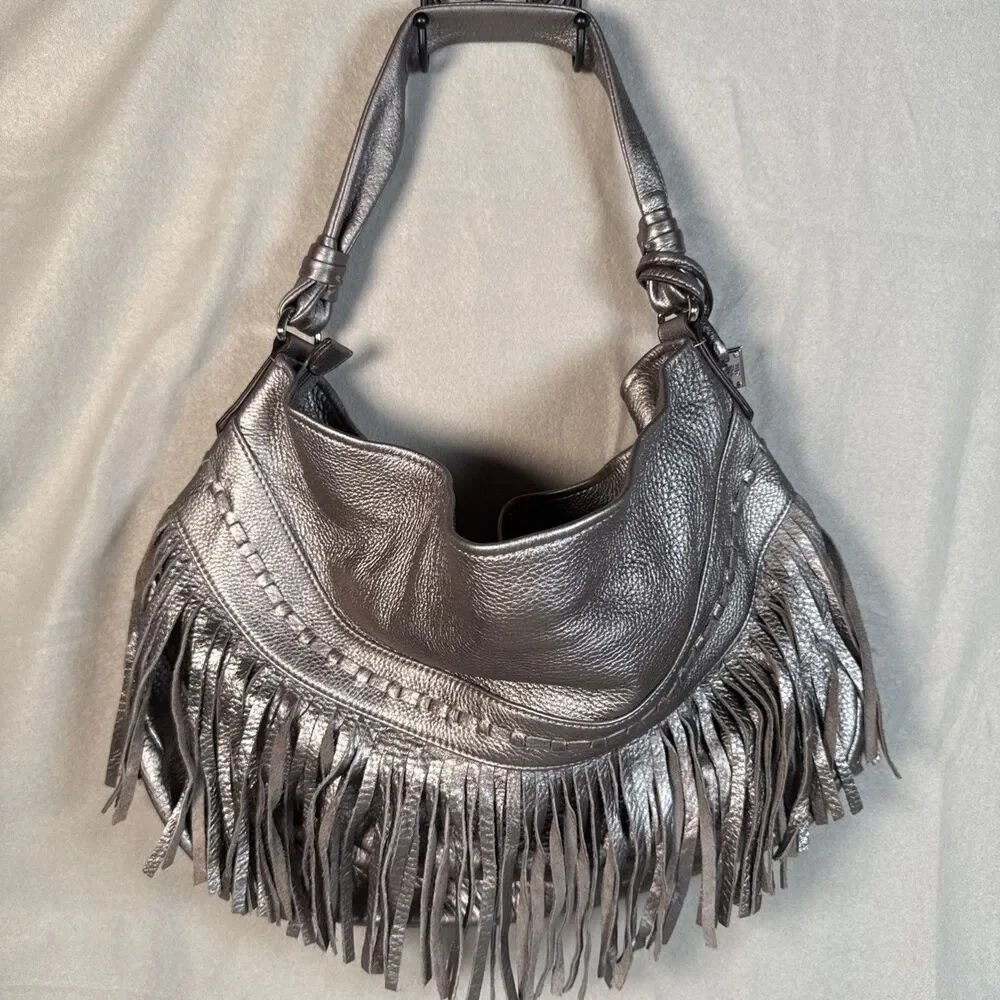 Aimee Kestenberg Fringed Silver Leather Boho Hobo Shoulder Bag Large Y2K